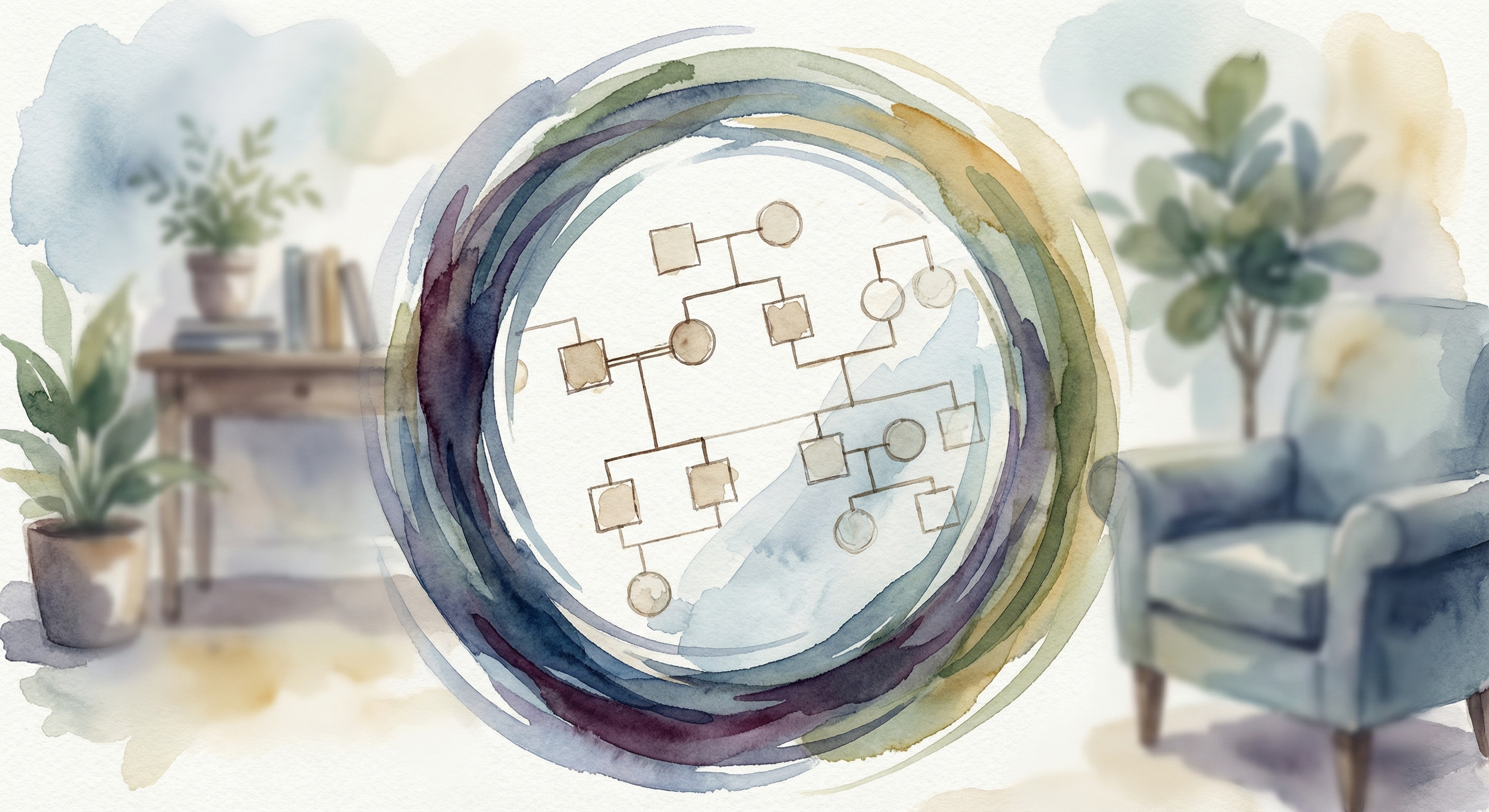 Watercolor illustration of therapist self-reflection through genograms