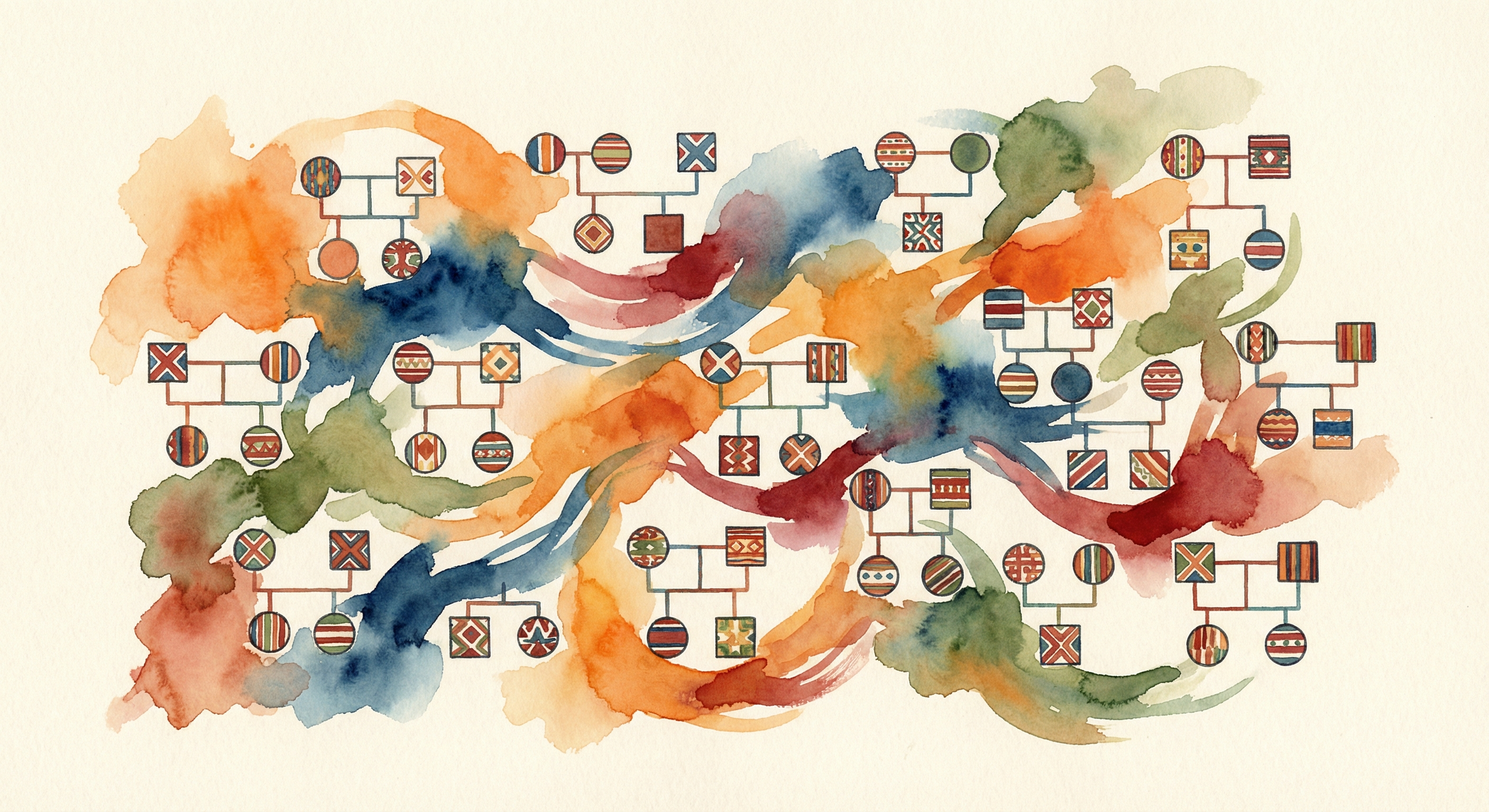 Watercolor illustration of diverse cultural family genogram structures