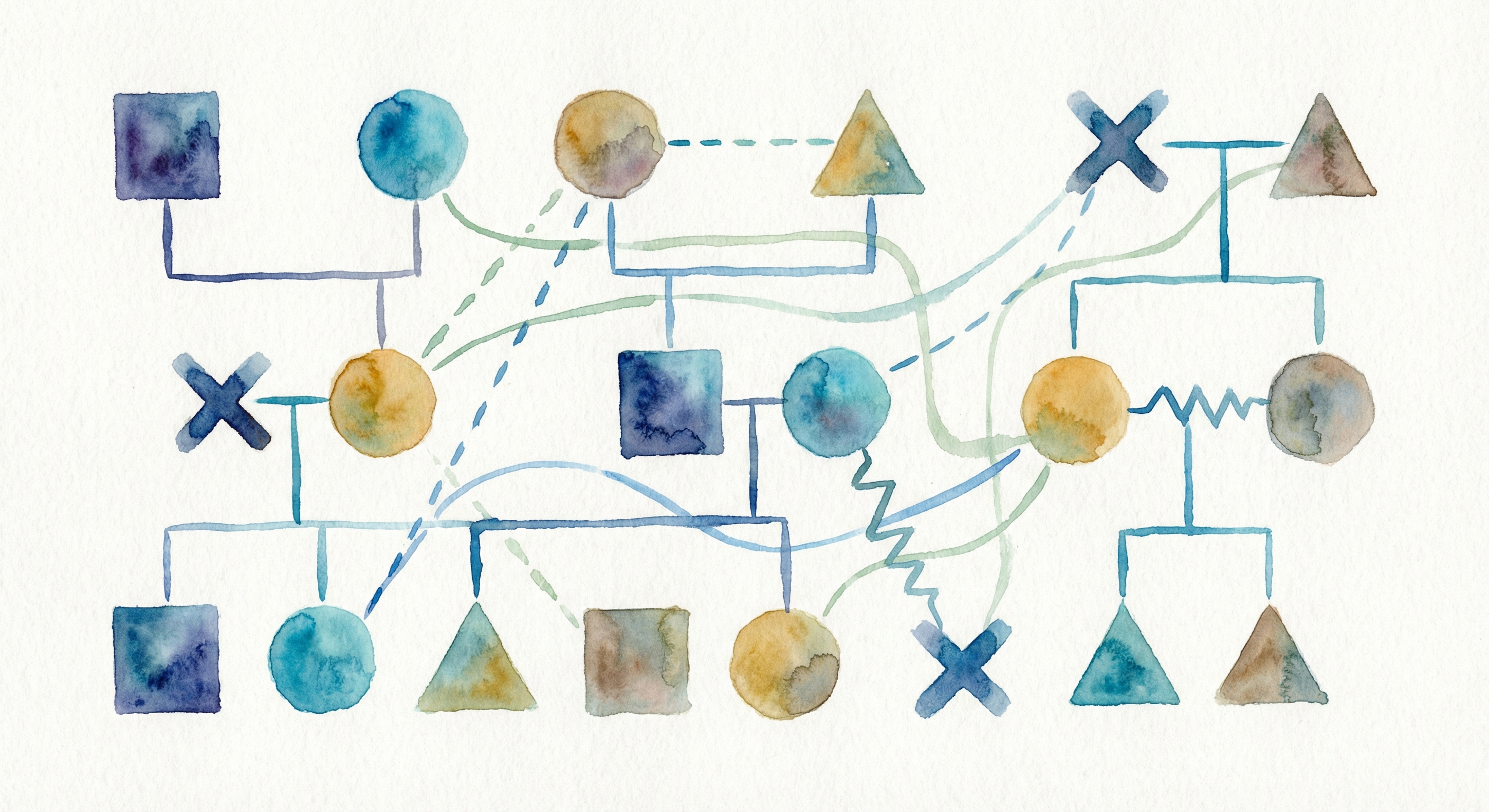Watercolor illustration of genogram symbols