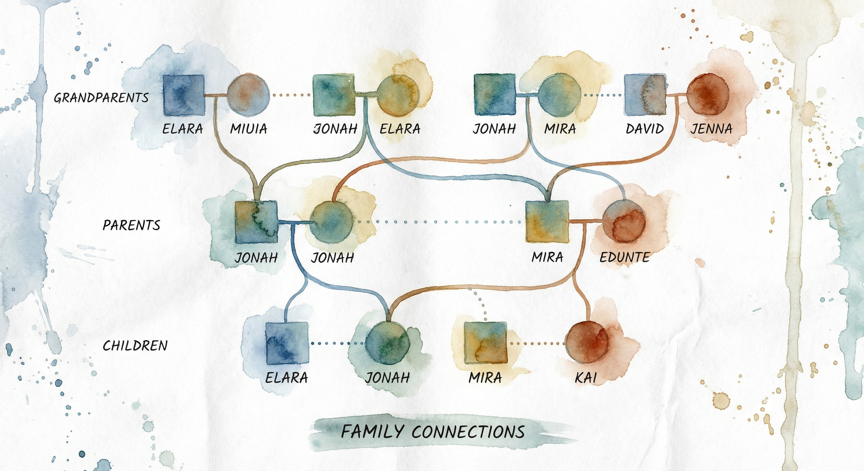 Watercolor illustration of a family genogram with three generations