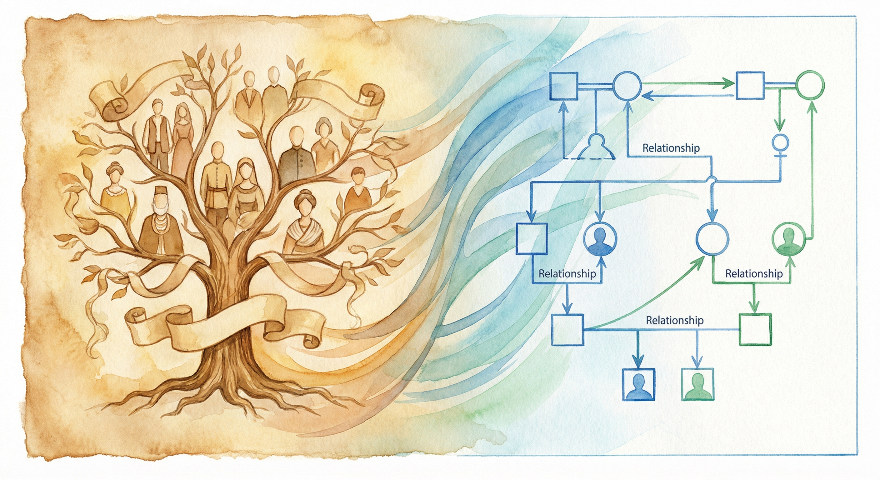 Watercolor illustration depicting the evolution of genograms through history