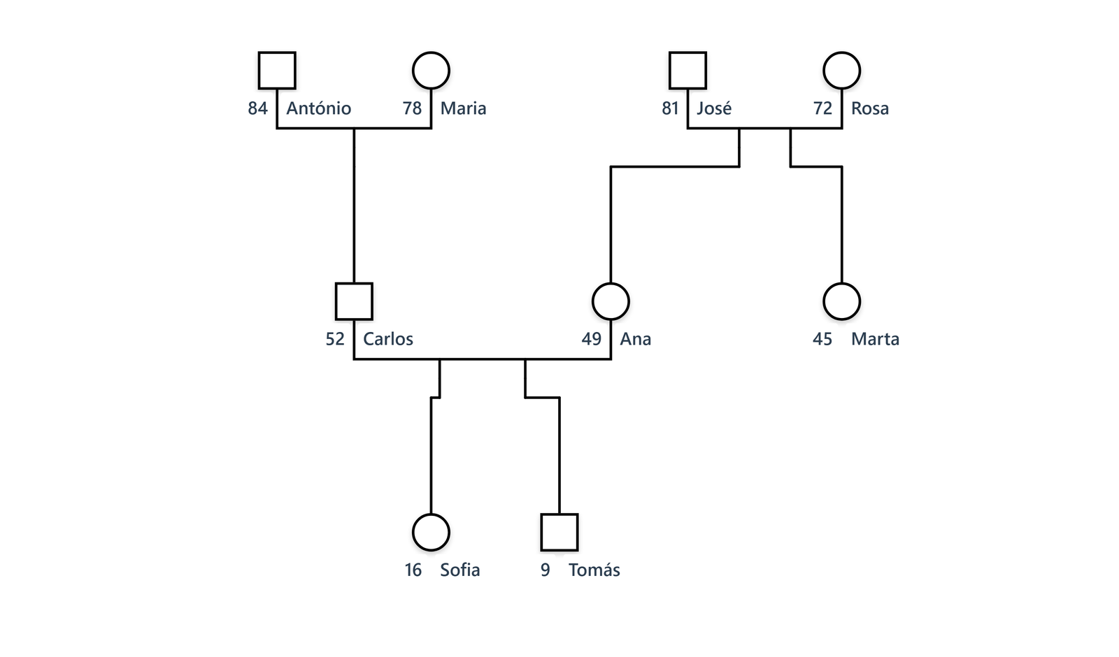 Drei-Generationen-Genogramm der fiktiven Familie Silva, das nur die Struktur zeigt: Quadrate und Kreise mit Namen und Alter, Ehe- und Eltern-Kind-Linien