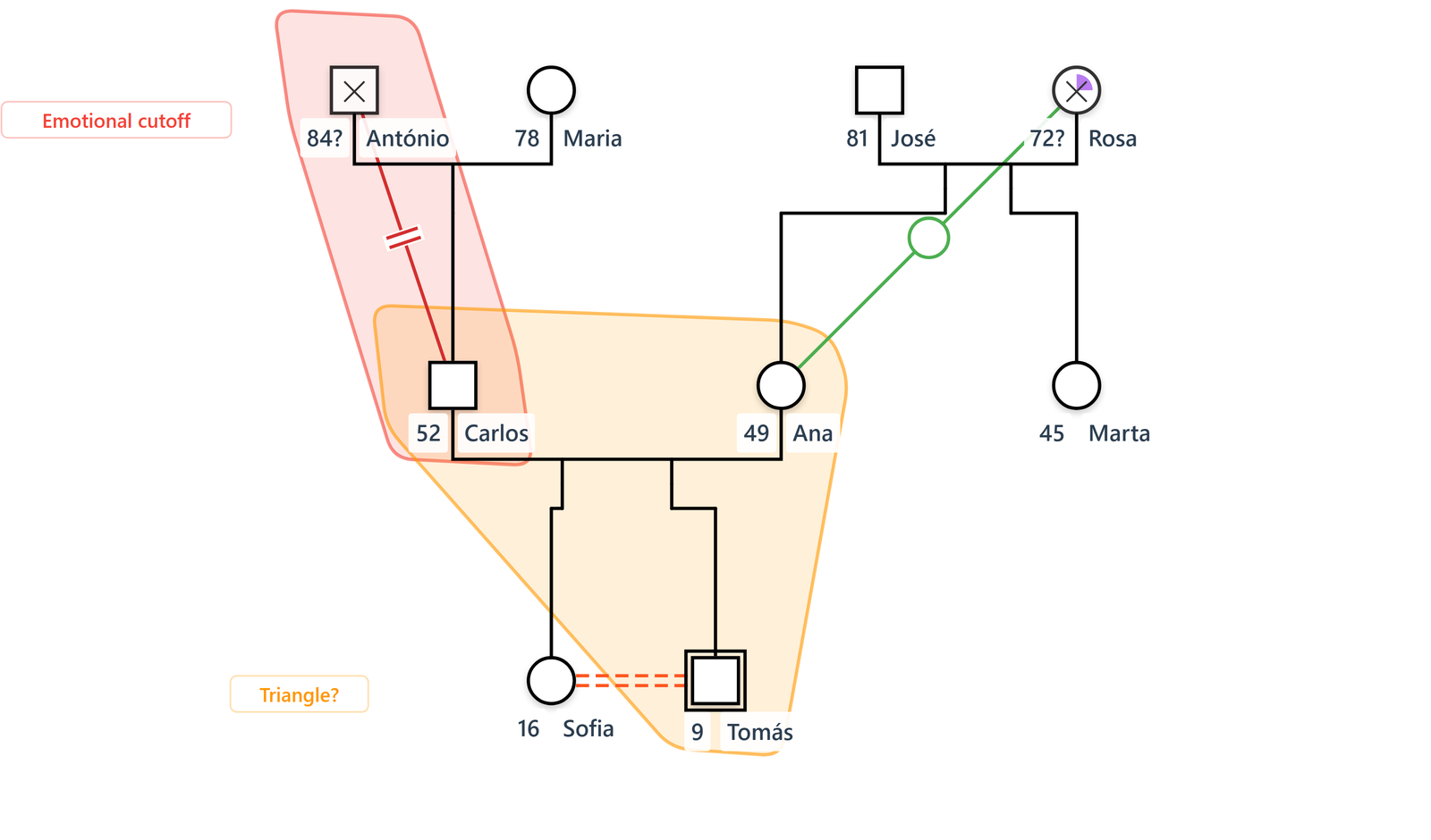 The Silva genogram with Bowenian reading highlights: the emotional cutoff between Carlos and António and a possible parent-child triangle