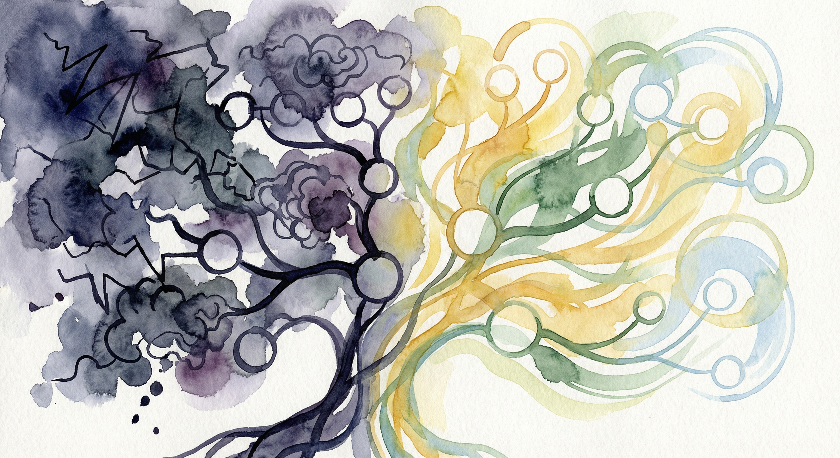 Watercolor illustration of intergenerational trauma and resilience patterns
