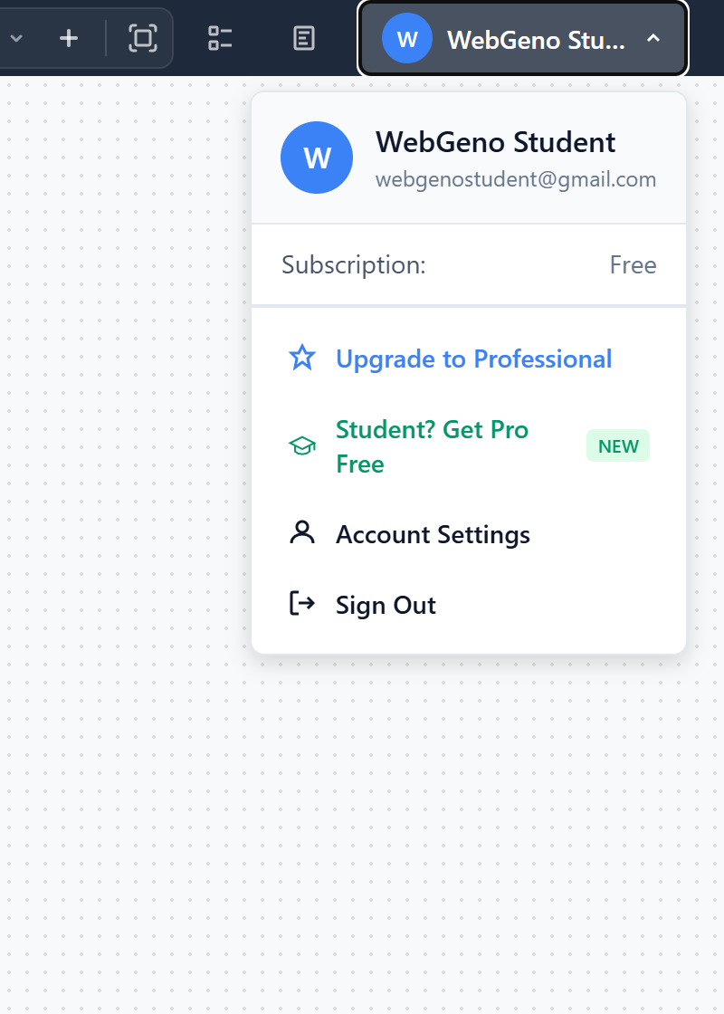Avatar dropdown menu with Student? Get Pro Free option highlighted in green
