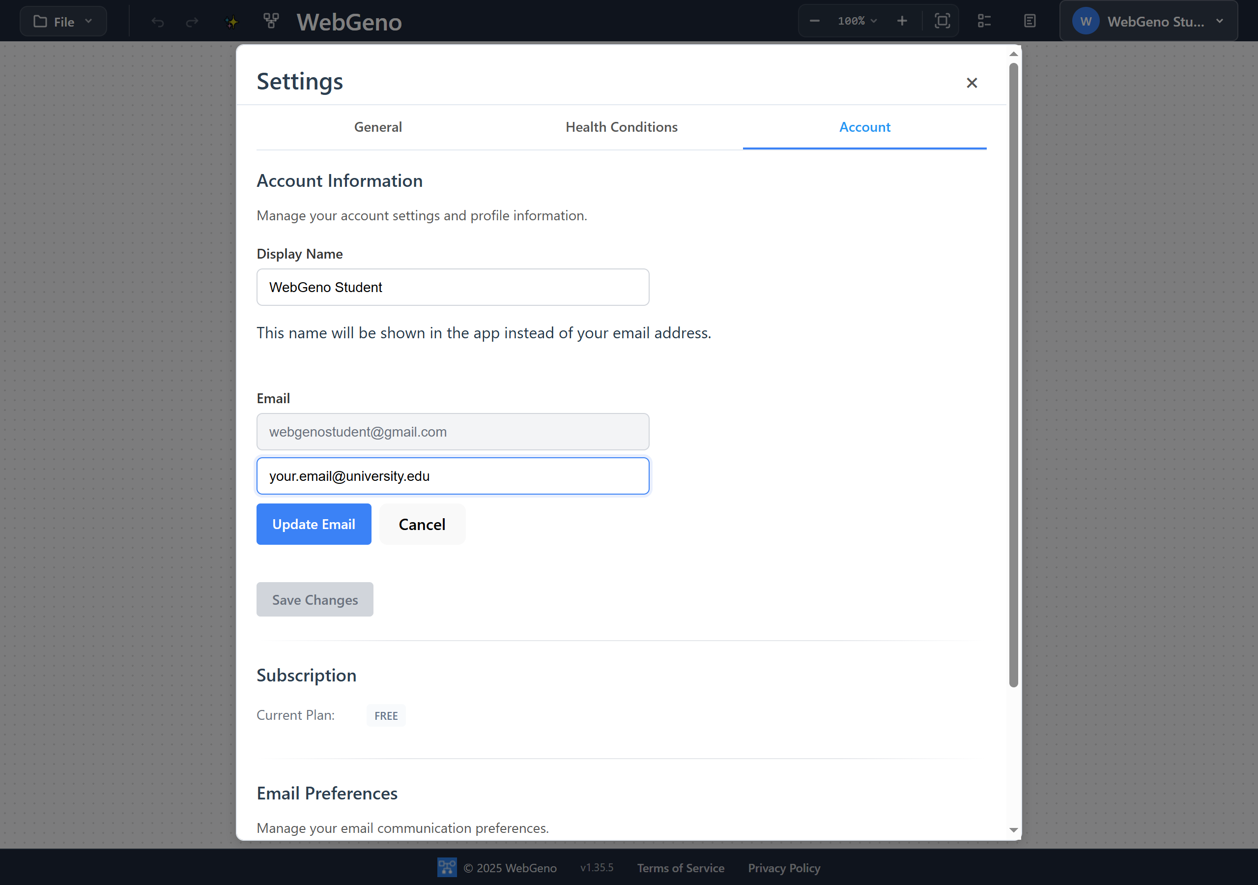 Account Settings dialog with the Change email form expanded, showing the new email input field and the Update Email button