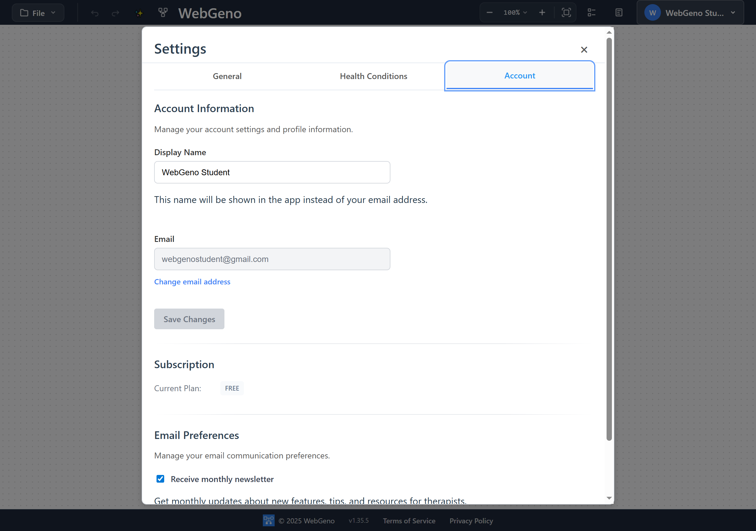 Settings dialog with the Account tab active, showing the email field and the blue Change email address link below it