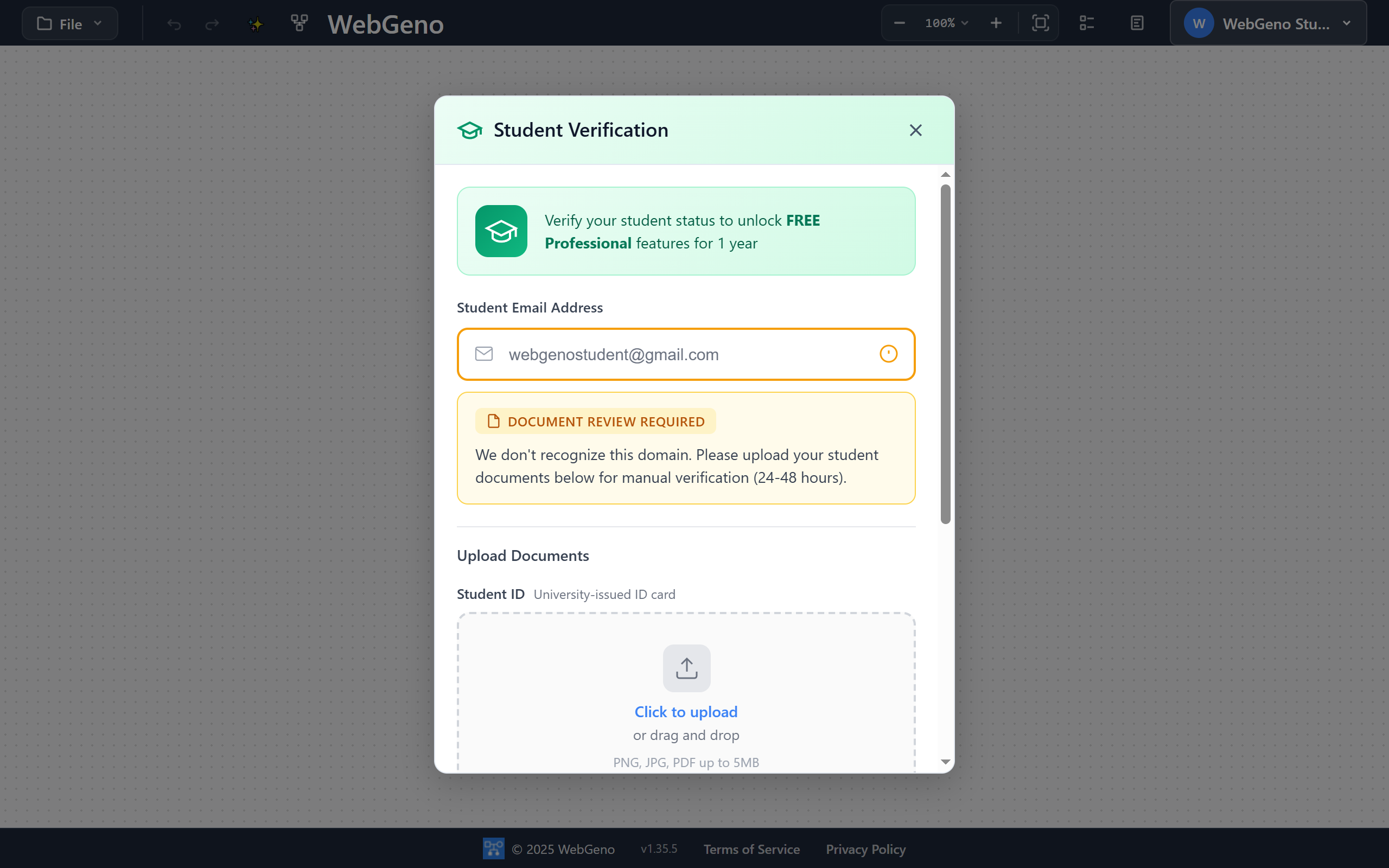 Verification dialog showing Document Review Required warning and document upload form