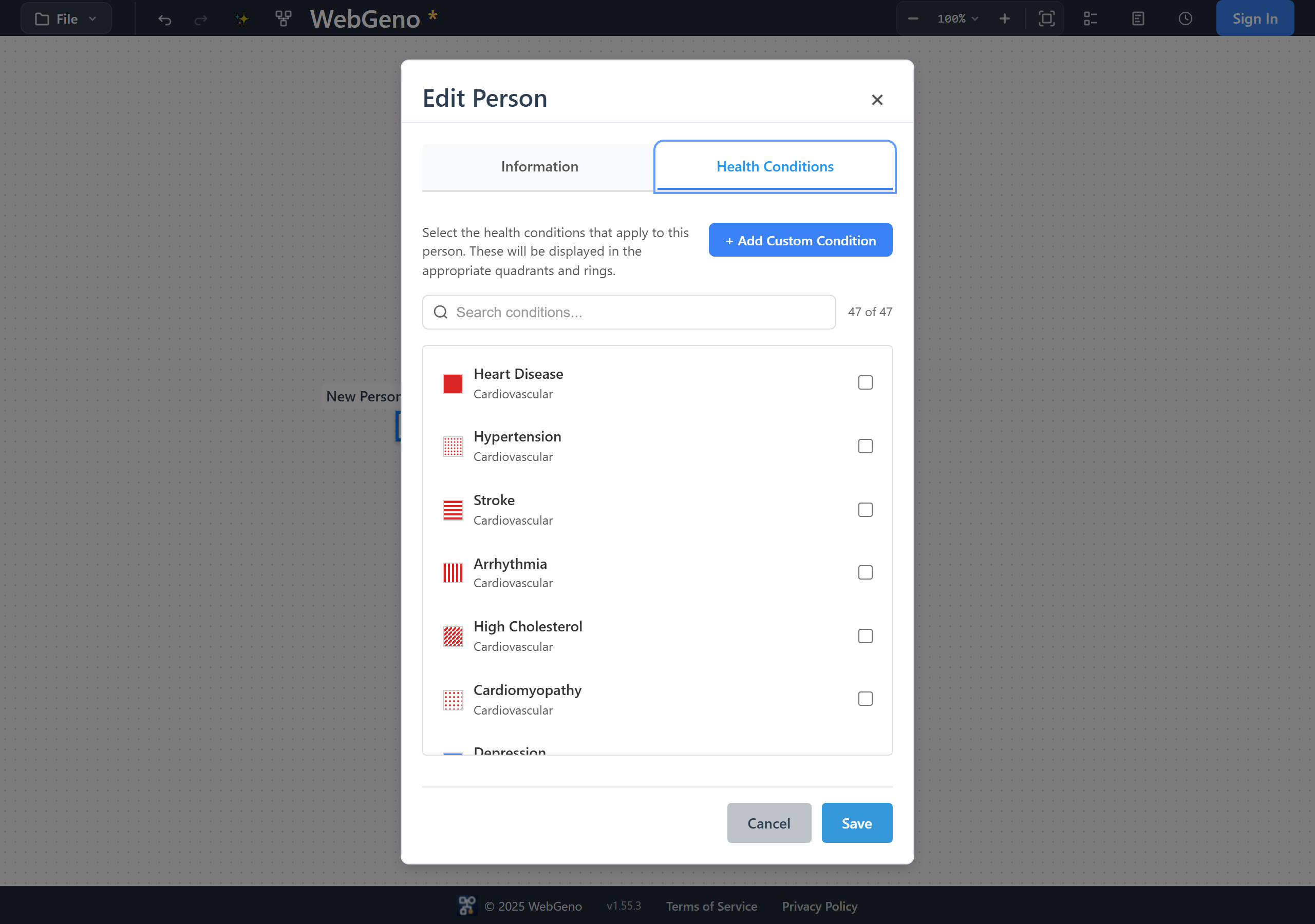 Person edit dialog with the Health Conditions tab active, showing the search field, the list of built-in conditions, and the + Add Custom Condition button at the top