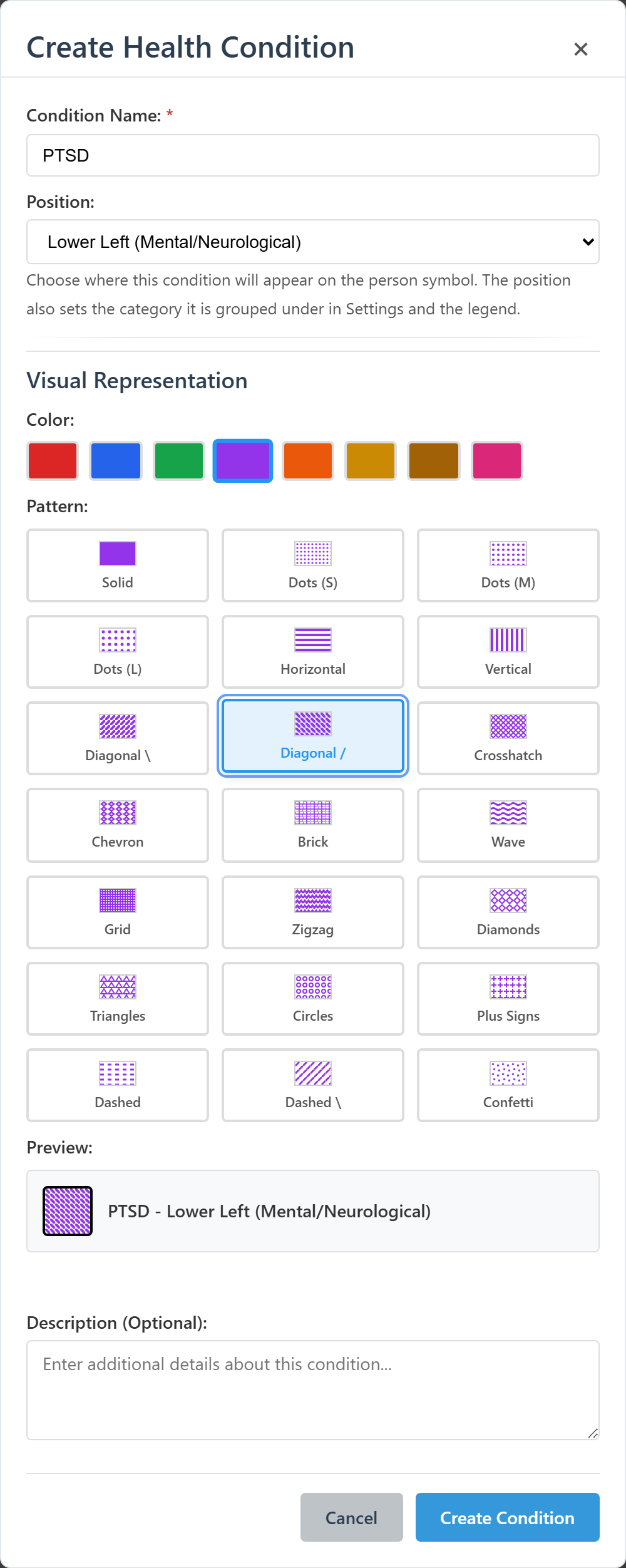The Create Health Condition dialog filled in with the name PTSD, position Lower Left (Mental/Neurological), a purple color, a diagonal pattern, and the live preview